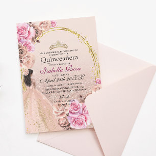 Ljust rosa och gyllene rosor Elegant Quinceanera Inbjudningar