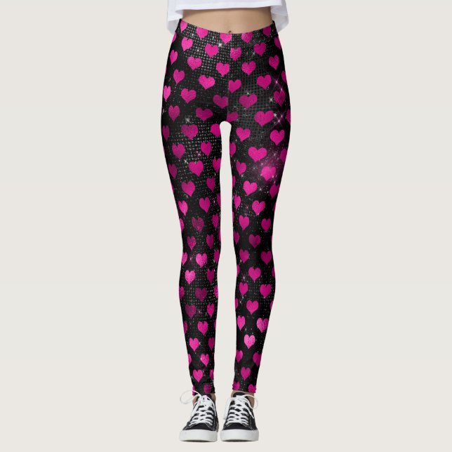 Ljust rosa och svart Glam Hearts-mönster Leggings (Framsida)