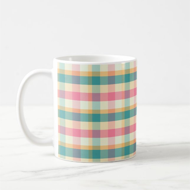 Ljust rosa och turkos rutig väv mönster kaffemugg (Vänster)