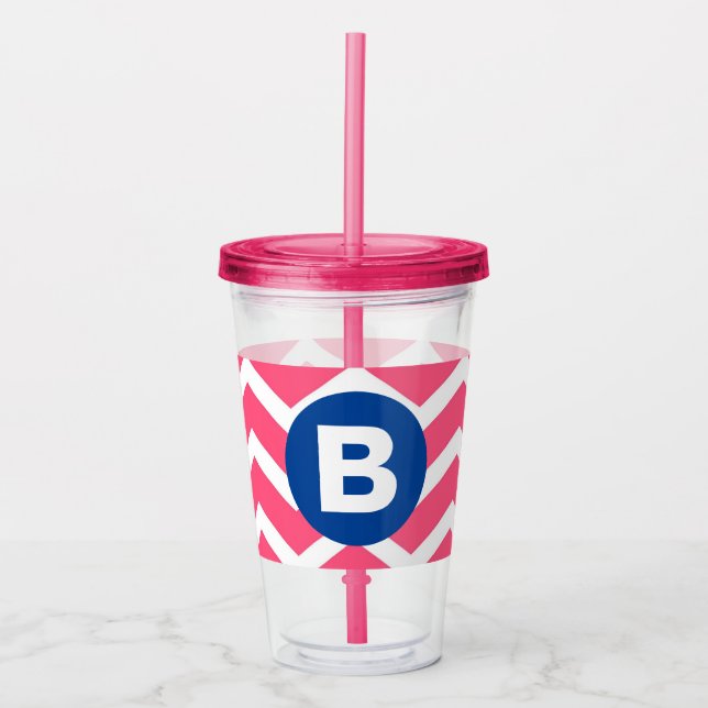 Ljust rosa och vit chevron-mönster monogram take away mugg (Framsida)