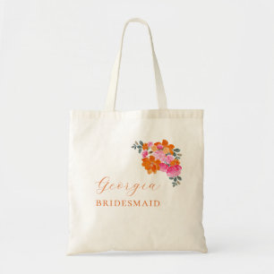 Ljust rosa orange blommande brudtärna namn bröllop tygkasse