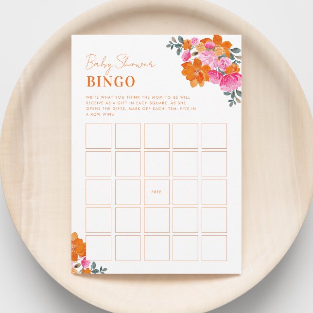 Ljust rosa orange blomsterlig babyshowerbingospel inbjudningar (Skapare uppladdad)
