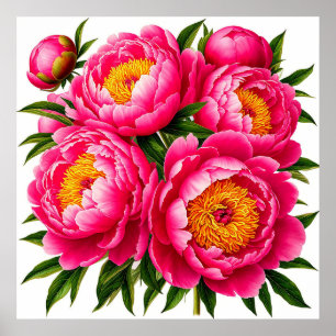 Ljust rosa peonbukett med gröna blad poster