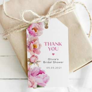 Ljust rosa peony bröllopsdusch tack presentetikett