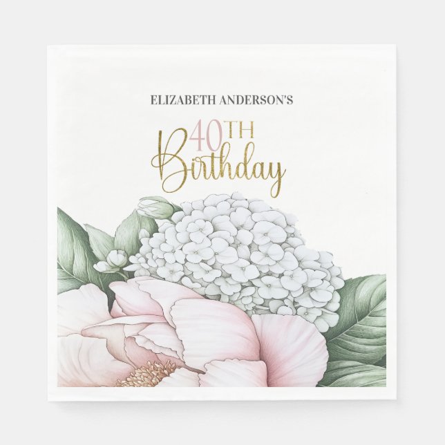 Ljust rosa peonyblommig 40-årsdag  pappersservett (Framsidan)