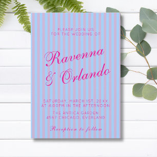 Ljust rosa retro blått rosa randig bröllop inbjudningar