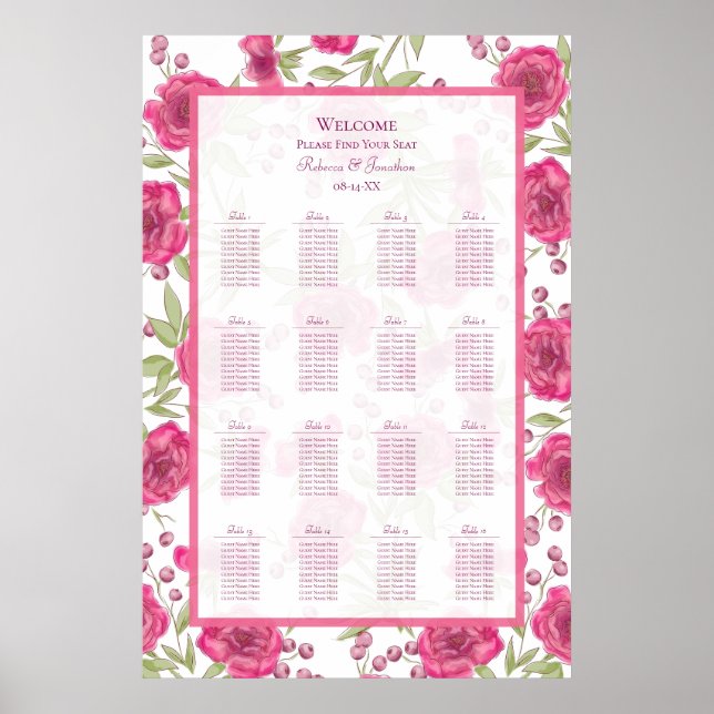 Ljust Rosa Ros Bröllopsplatskarta Poster (Framsidan)