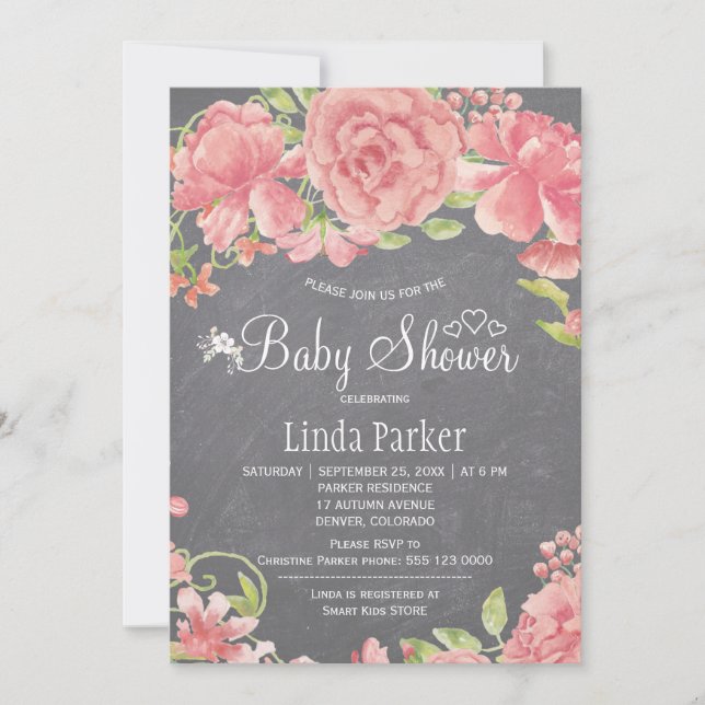 Ljust rosa ros-pioner kritskrifts-babyshower inbjudningar (Framsida)