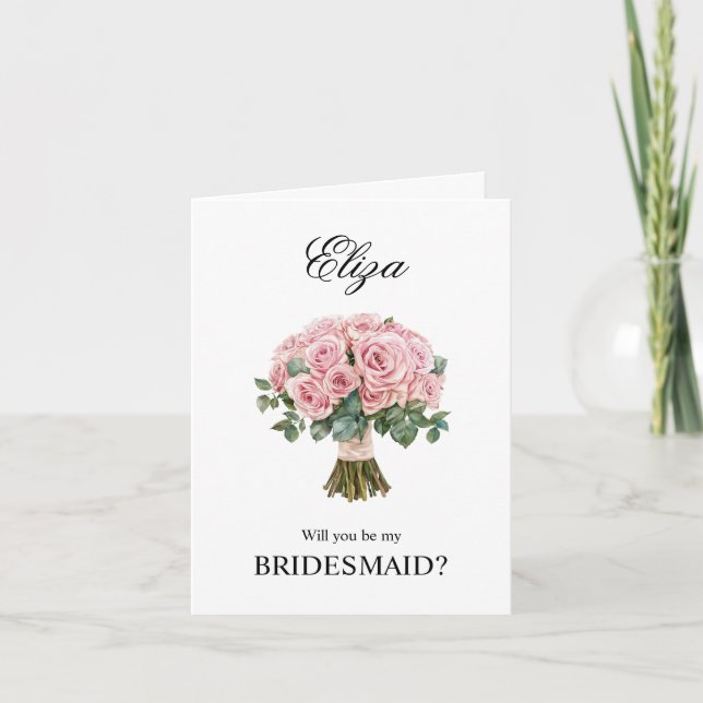 Ljust rosa rosbukett brudtärna förfrågan kort (Framsida)
