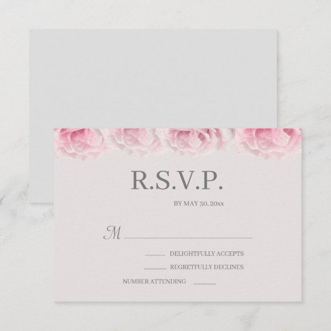 Ljust rosa rosor Grå Elegant Blommig Bröllop RSVP Inbjudningar (Fram/baksida)