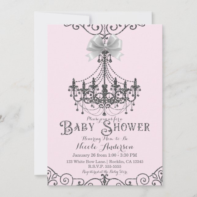 Ljust  Rosa & Silver White Bow Baby Shower Inbjudningar (Framsida)