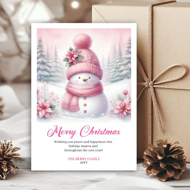 Ljust rosa snöman jul barn gratulationskort   julkort (Bright pink snowman Christmas kids greeting card editable)