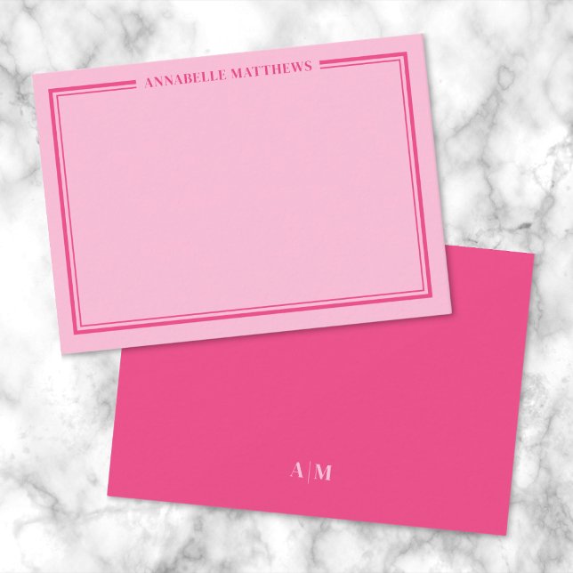 Ljust rosa tvåkanter minimalistisk monogram anteckningskort (Pink Two Border Minimalist Name Monogram Note Card)