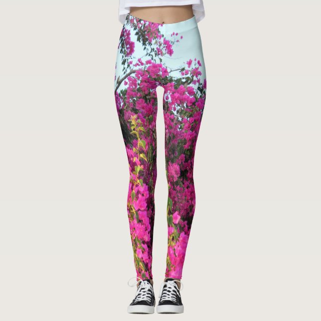 Ljust rosa utskrivaven damasker för Bougainvillea Leggings (Framsida)