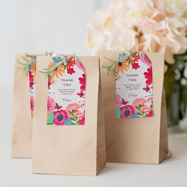 Ljust Rosa Vildblomma Bröllopsdusch Tack Presentetikett (Bright Pink Wildflower Bridal Shower Thank You Gift Tags)