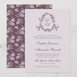 Ljust rosa vintage blomstermonogram bröllop inbjudningar