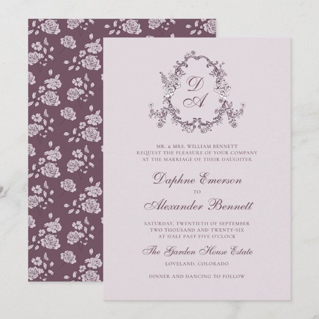 Ljust rosa vintage blomstermonogram bröllop inbjudningar (Fram/baksida)