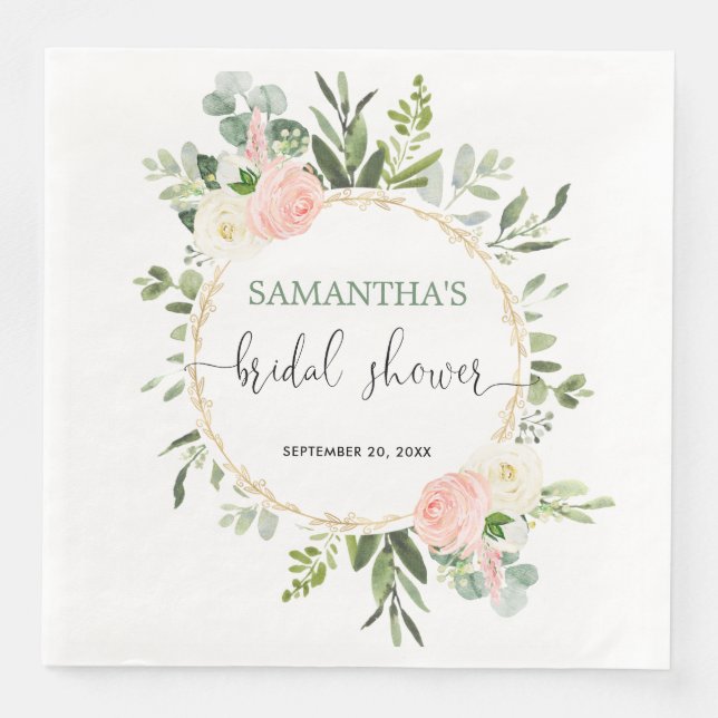 Ljust rosa vit grönska guld blomster elegant pappersservett (Framsida)