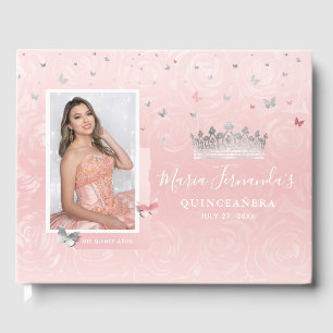 Ljust rosablush silver elegant foto Quinceanera Gästböcker