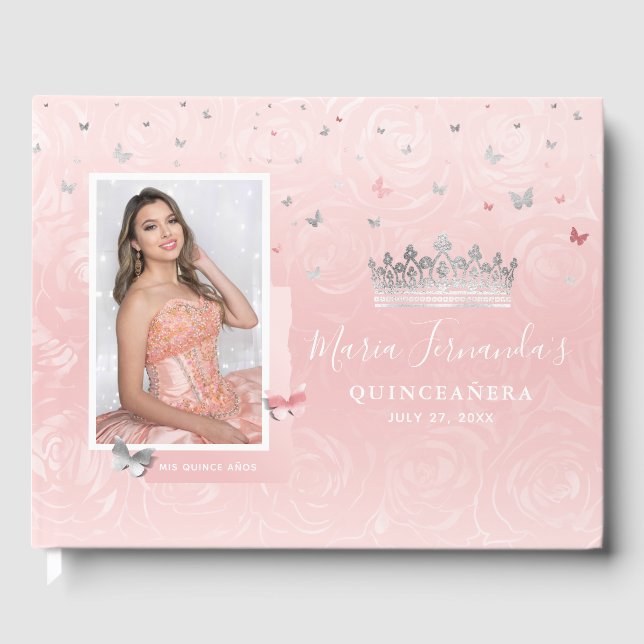 Ljust rosablush silver elegant foto Quinceanera Gästböcker (Framsida)