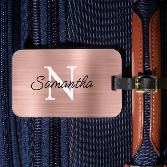 Ljust Roséguld Falsk Metallisk Folie Monogram Bagagebricka (Framsida Insitu 4)