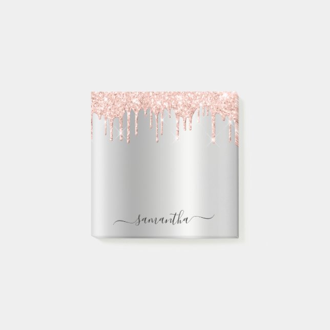 Ljust roséguld glitterdropp silverglans post-it block (Framsida)