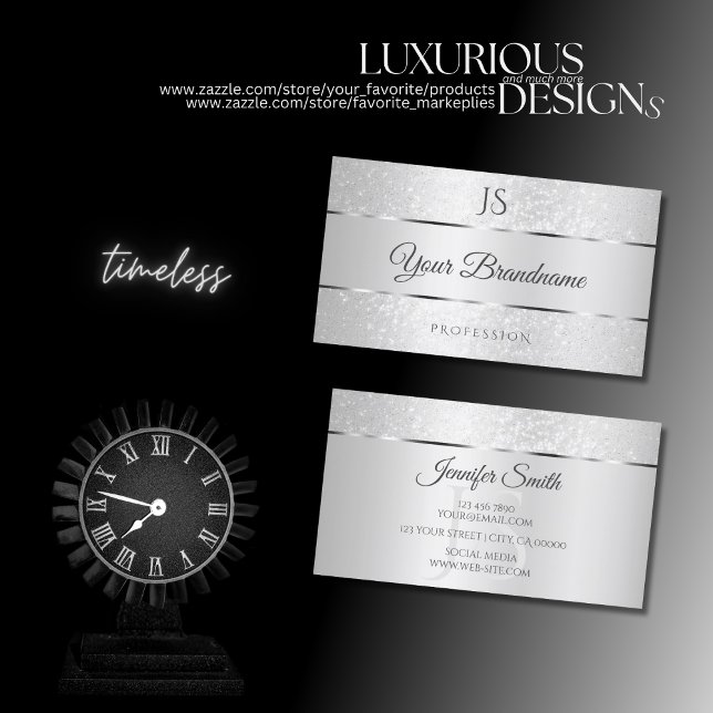 Ljust Silver Gnistra Mjuk Glitter och Initialer Visitkort (Skapare uppladdad)