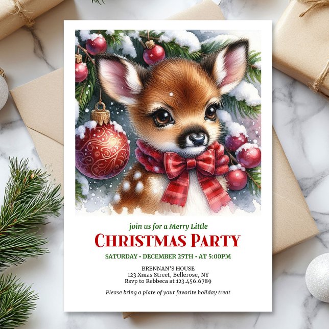 Ljust snigfört skogs barnvagn jul barn  inbjudningar (Bright snowy forest baby deer Christmas kids invitation digital)