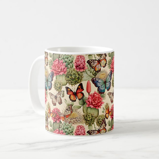 Ljust sommar mönster med fjärilar och kaktusar kaffemugg (Framsida vänster)