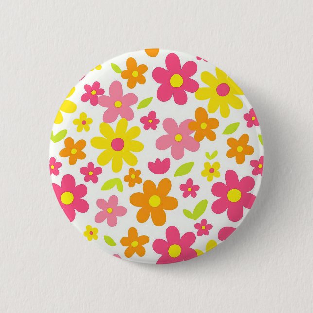 Ljust sommarblommigt retro rosa och gult mönster knapp (Framsida)