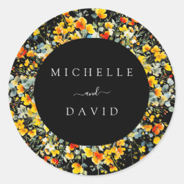 Ljust svart blomstervattenfärgbröllop runt klistermärke