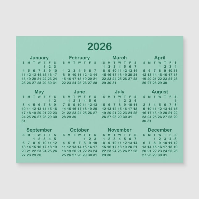 Ljust Teal and Hunter Grönt 2026 Magnetic Calendar (Framsida)