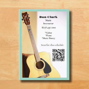 Ljust Teal QR Code Music Teacher Acoustic Guitar Visitkort