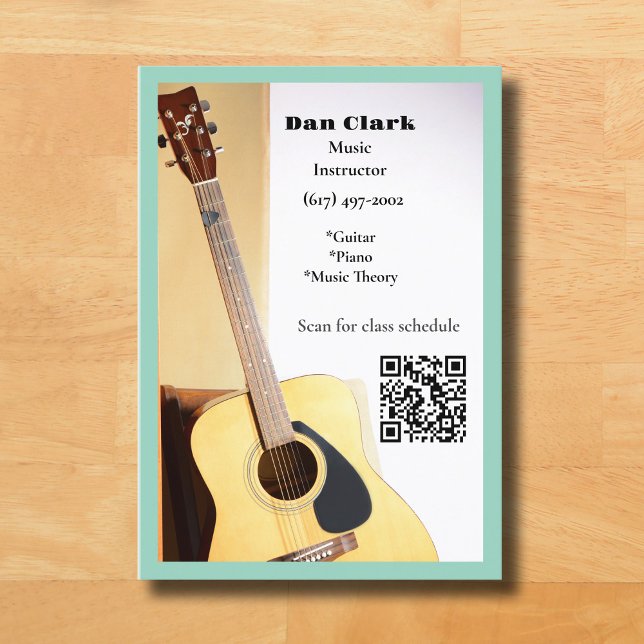 Ljust Teal QR Code Music Teacher Acoustic Guitar Visitkort (Light Teal Music Teacher Guitar Business Card )