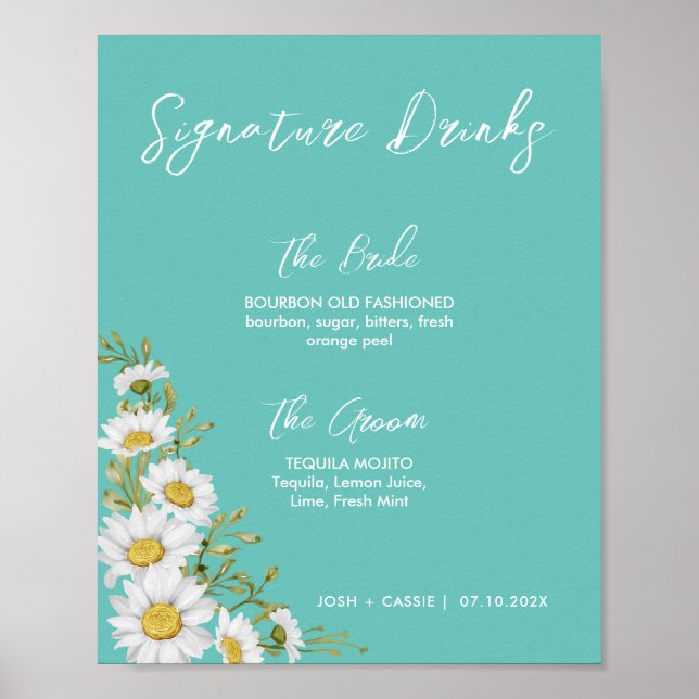Ljust Teal & White-Daisy Namnteckning dricksvatten Poster (Framsidan)