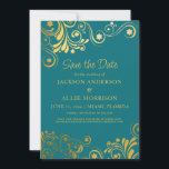 Ljust Turkos Guld Flourish Foto Bröllop Spara Datumet<br><div class="desc">Ljust, djärvt turkos bröllop "Save the Date" med accent av eleganta och roliga gyllene virvlar och flourishes. Personlig anpassning med din information på framsidan och ditt foto på baksidan. Kontakta mig för hjälp med dina anpassningar eller för att begära ytterligare matchande eller samordnade Zazzle-produkter för dina speciella tillfällen. Bakgrundsfärgen på...</div>