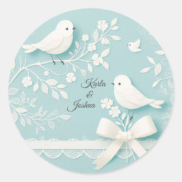 Ljust turkos med romantisk spets och fåglar Bröllo Runt Klistermärke
