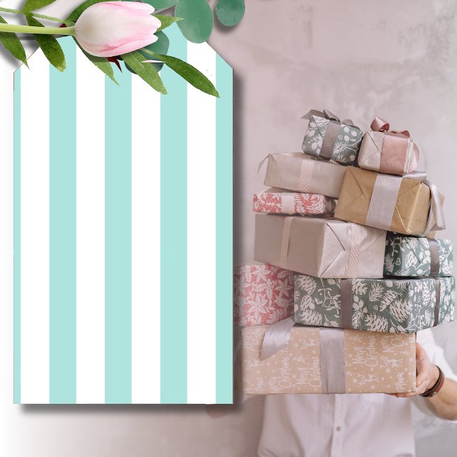 Ljust Turkos och Vita Breda Horisontella Randiga Presentetikett (Skapare uppladdad)