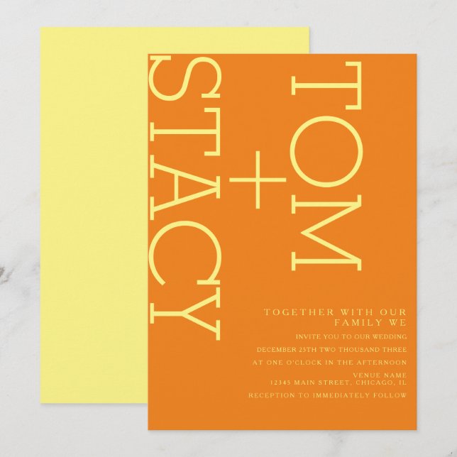Ljust typografi Extra Bold Orange Bröllop  Inbjudningar (Fram/baksida)