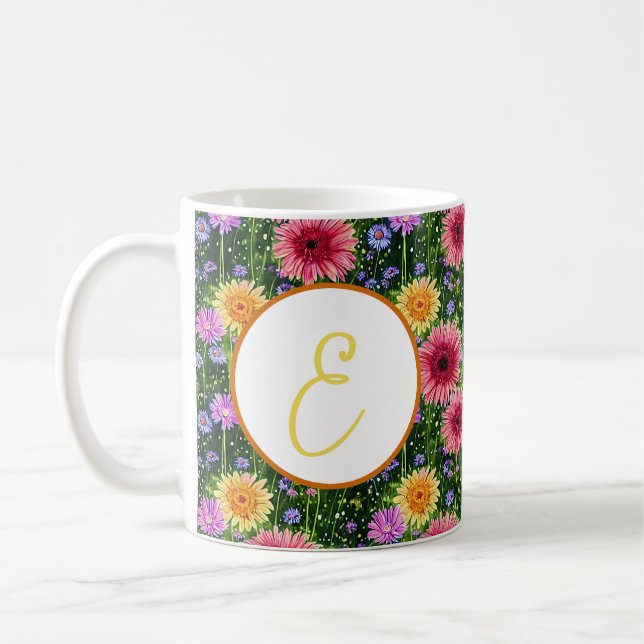 Ljust vårblommigt mönster monogram kaffemugg (Vänster)