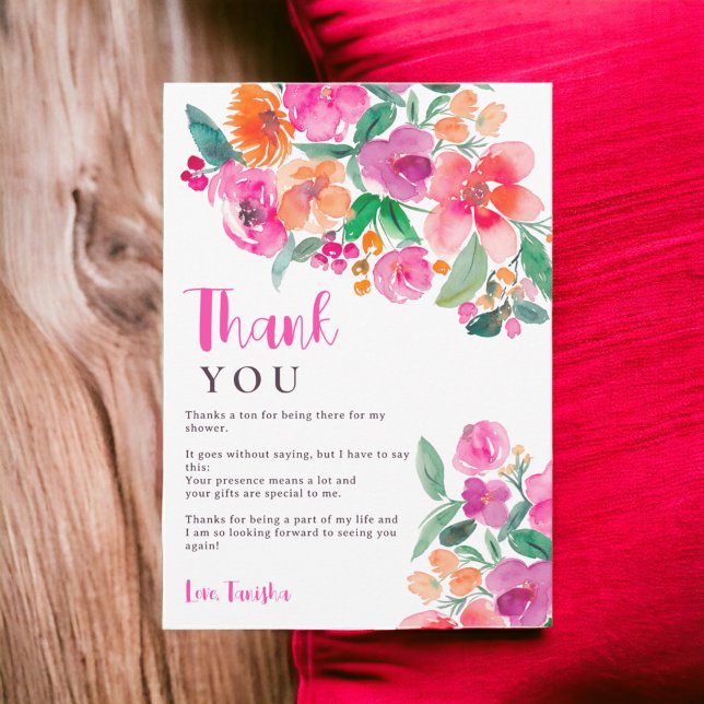 Ljust varmrös höstblommig script bröllopsfest tack kort (Bright hot pink fall floral script bridal shower thank you card)