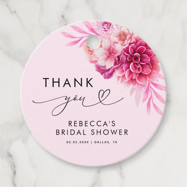 Ljust varmt rosa blommig bröllopsdusch tack  gåvor etiketter (Framsida)