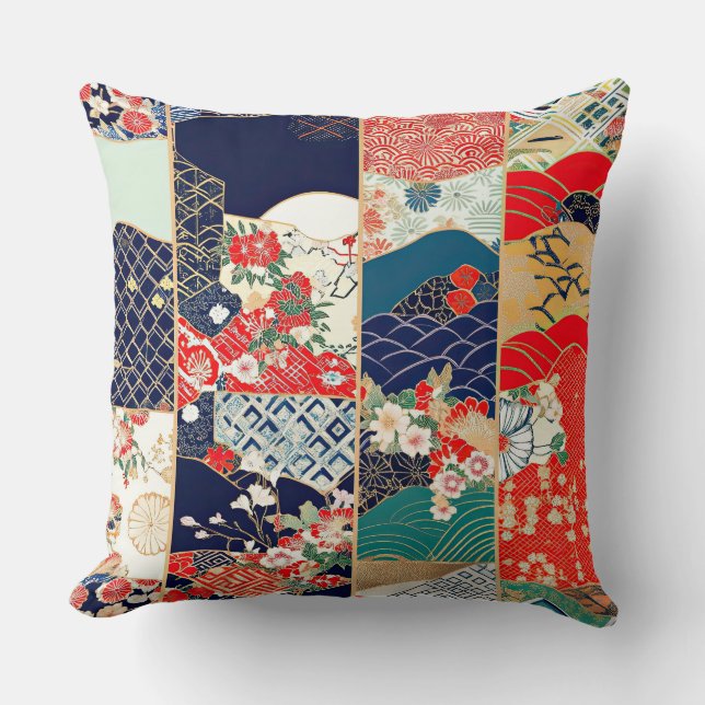 Ljust Vintage Japansk Kimono Lappteknik Kudde (Framsida)