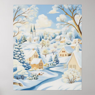 Ljust vintersby med snöiga kullar och träd poster