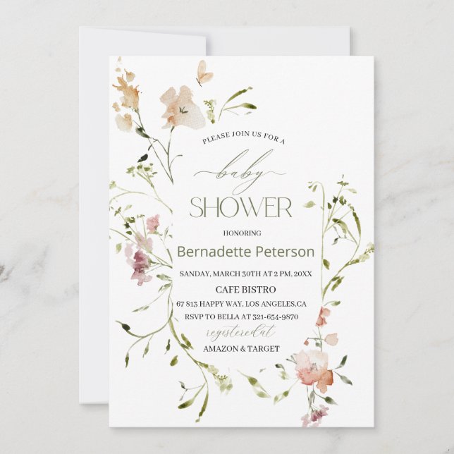 Ljust Watercolor WildblommBaby Shower Inbjudningar (Framsida)