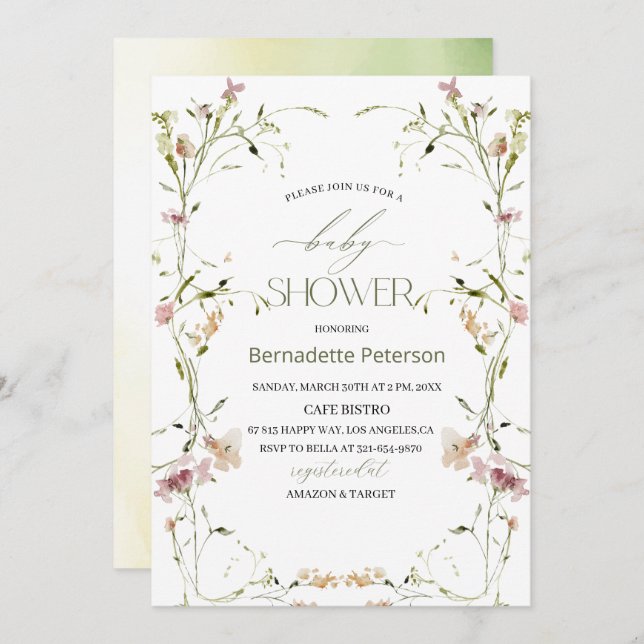 Ljust Watercolor WildblommBaby Shower Inbjudningar (Fram/baksida)