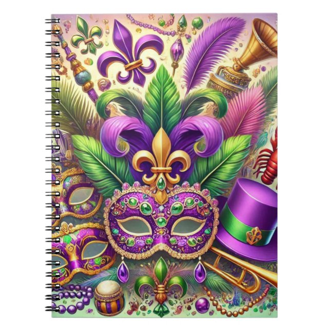 LJUSTFÄRGAD MARDI GRAS-MASK HATTPÄRLOR FJÄDER ANTECKNINGSBOK (Framsidan)