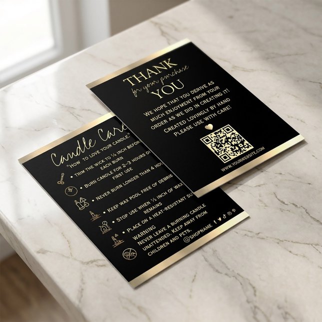 Ljusvård Svart Guld | Anpassade Ikoner | Tack  Visitkort (#ThankYouCard #LuxuryThankYou #CandleCare #CandleBusiness #LuxuryBranding
#BlackAndGoldDesign
#Gold)