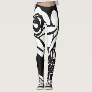 Ljusvit träsnitt ro på svart bakgrund leggings