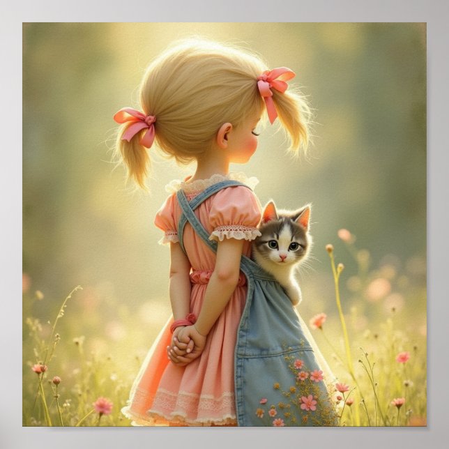 Ljuvlig liten flicka med hennes kattunge poster (Framsidan)